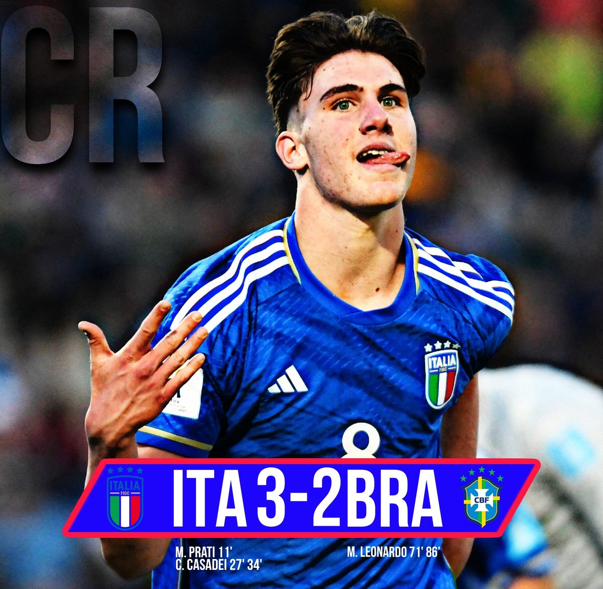 CalcioReport1's tweet photo. Italy - Brazil 3-2 Under 20 World Cup

The Azzurrini couldn't have started their campaign in a better way, a win against one of the favourites of the competition😍

Magnificent performance from Chelsea's player Casadei, who scored a brace in the first half👏
#ItalyBrazil #WCU20 https://t.co/MYzHEpRxoo