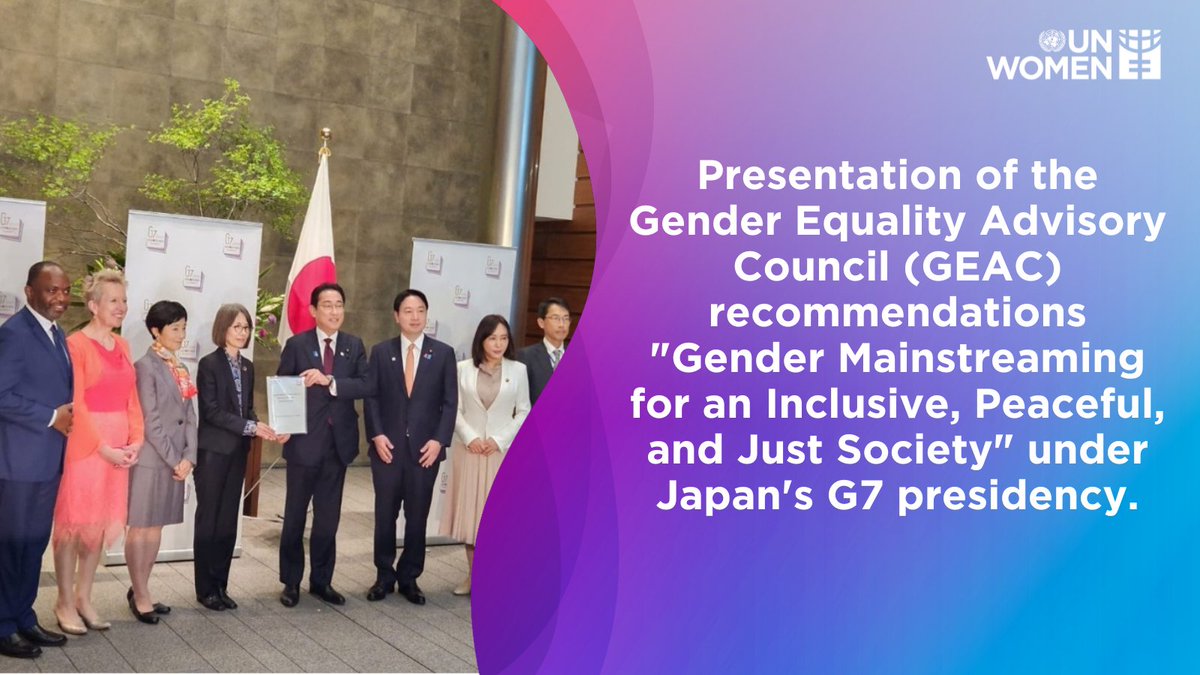 Under Japan G7 Presidency this year, the Gender Equality Advisory Council (GEAC) presented Prime Minister Kishida Fumio with the summary of its recommendations to accelerate progress on gender equality: unwo.men/ls2G50OsJ0q

#FundingGenderEquality