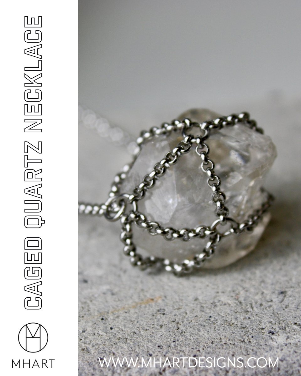 mhartdesigns's tweet photo. The Caged Quartz Necklace is a fascinating accessory that embodies the beauty and elegance of nature. The one-of-a-kind quartz gemstone adds an authentic touch to any outfit, while being held securely in place by a unique  chain intricately caged like a spider's web. https://t.co/TfQGbXGsko