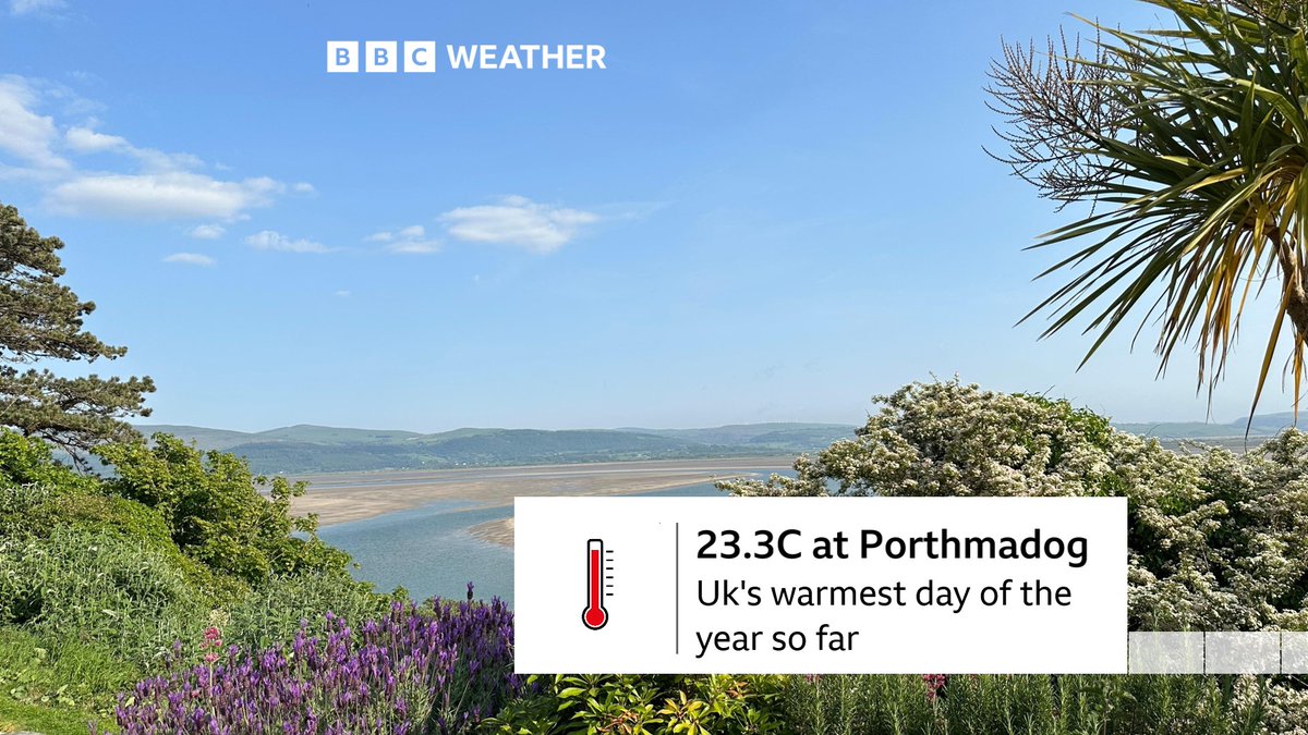 bbcweather's tweet photo. It's been the UK's warmest day of 2023 so far, with 23.3C recorded at Porthmadog. However, in Aberdeen, temperatures reached only 11.8C under the low cloud. https://t.co/KXpQS6s7Dy