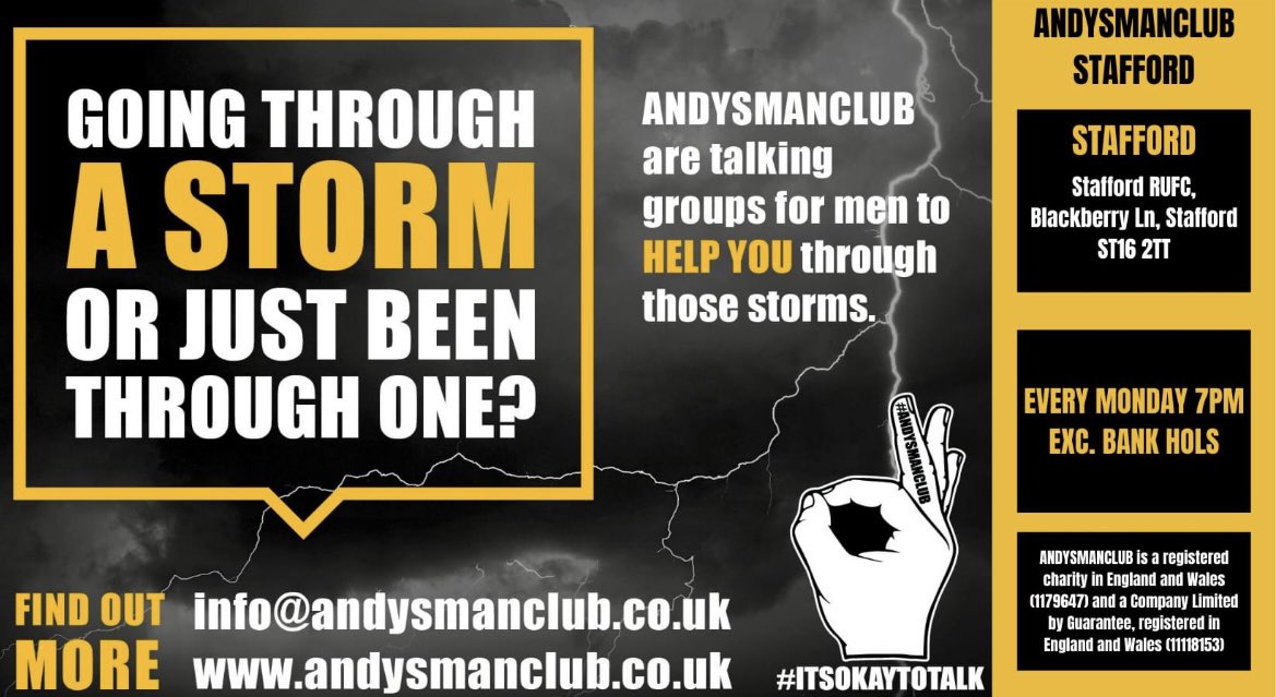 As Mental Health Awareness week draws to a close, we wanted to highlight this amazing local charity. Too often boys and men don’t talk. We promote the importance of talking. Andys Man Club Stafford is an inspiring cause and service for men around Stafford. Thank you!