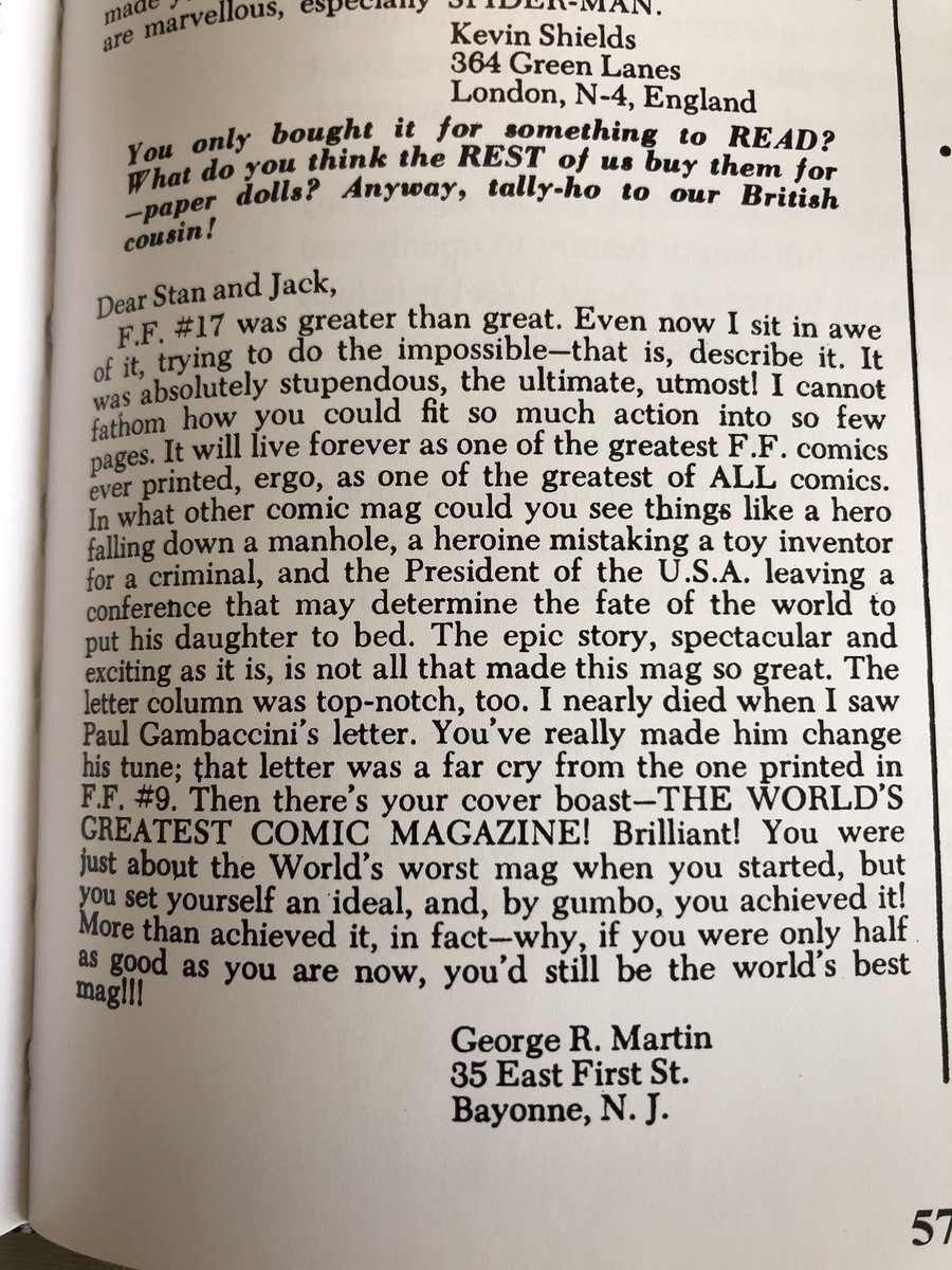 I was reading some old Fantastic Four today and saw a fan letter from George R. Martin of Bayonne, New Jersey. Is this you, <a href="/GRRMspeaking/">George RR Martin</a>?