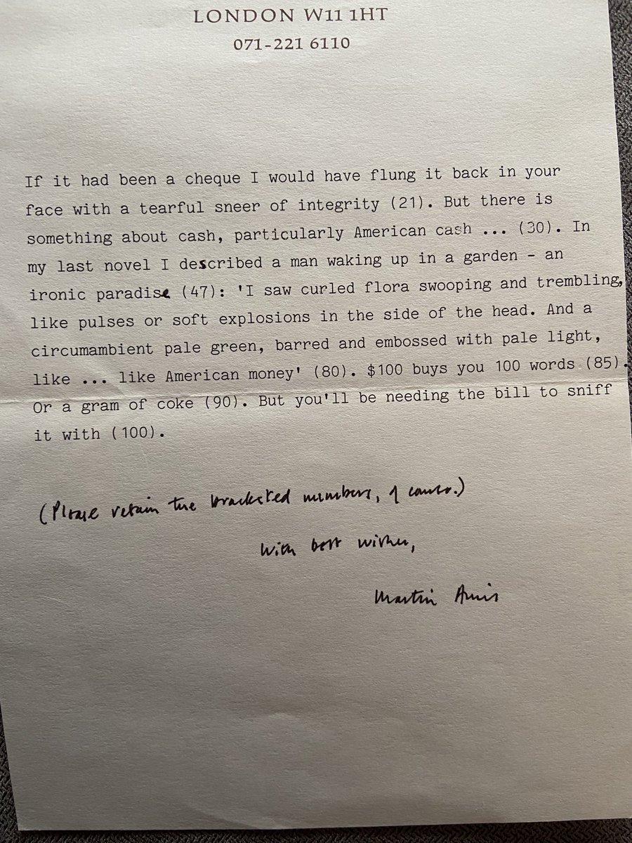 RT @notille: At Esquire we sent a bunch of people $100 bills and asked them to send back $100 worth of work. Amis sent this bit of brilliance.