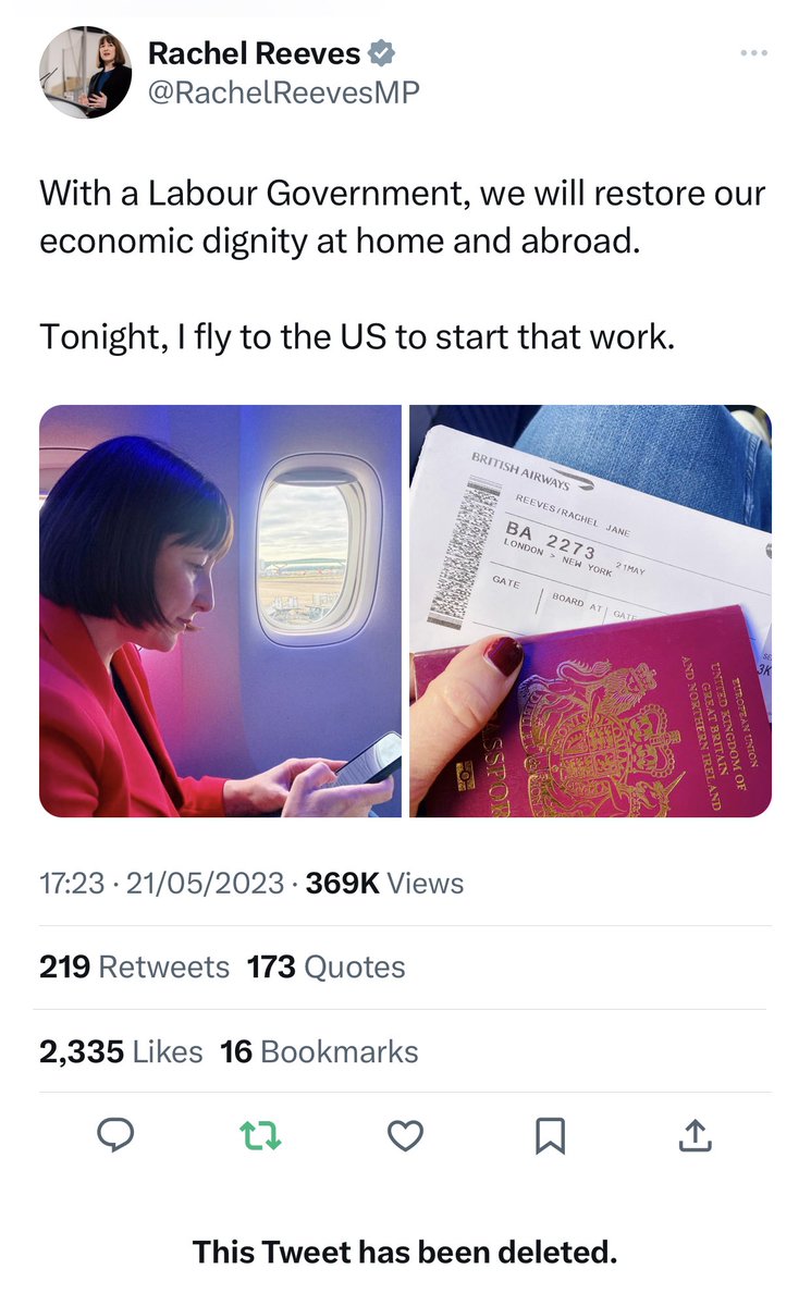 TheaDickinson's tweet image. Looks like Rachel Reeves deleted her tweet after realising you could see her seat is 3K and therefore in first class 🫢

Which costs around £11,000…!

The trouble with Socialism is that eventually you run out of other people's money.