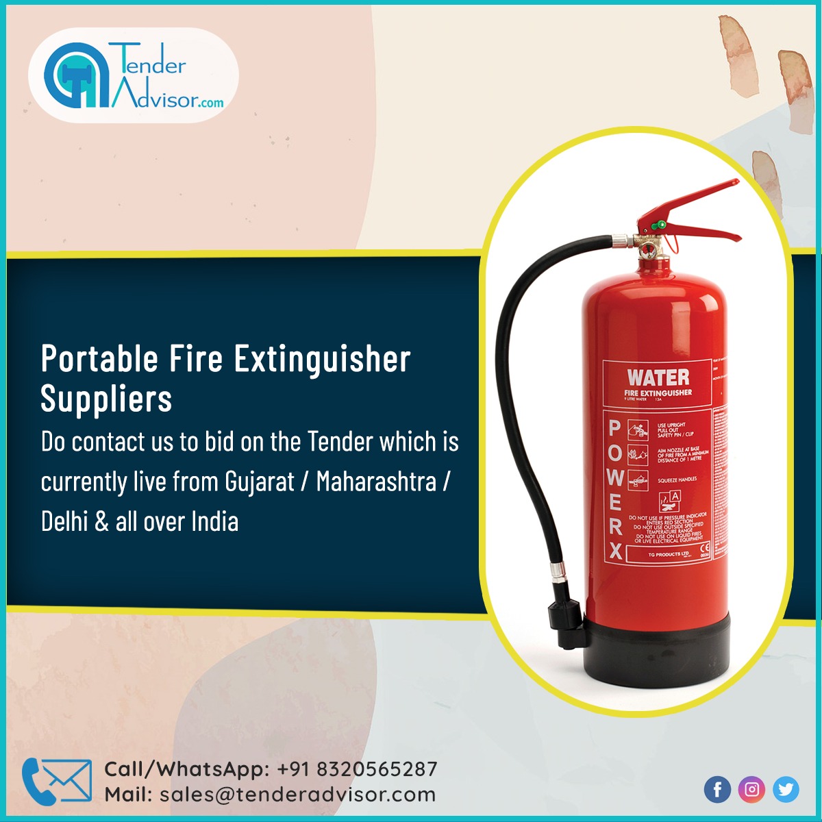 advisor_tender's tweet image. Portable Fire Extinguisher Suppliers 
Do contact us to bid on the Tender which are currently live from Gujarat / Maharashtra / Delhi and all over India

Do Contact/Whatsapp +91 8320565287 tenderadvisor.com

#tenderadvisor #fireextinguisher #portablefireextinguisher