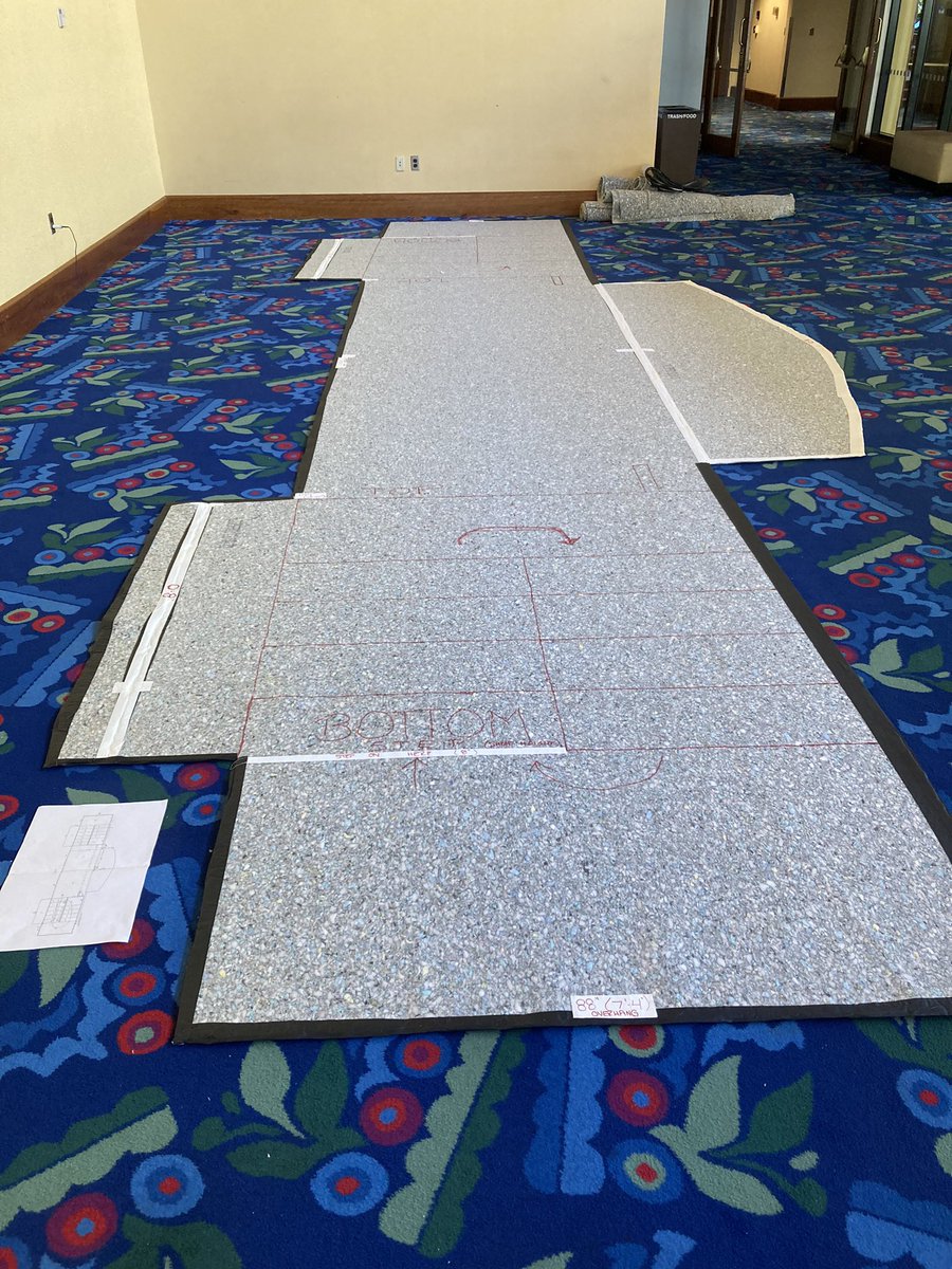 cue2_go's tweet photo. Today’s #StageShotSunday reveals the final result of using carpet padding to create a movable “tape out” of our large platformed unit for Newsies. Rehearsals start Tuesday when we can begin to see how it holds up! @SlowBurnTheatre - Seize the Day! #StageManager #PrepWeek https://t.co/unOX4lyk5G