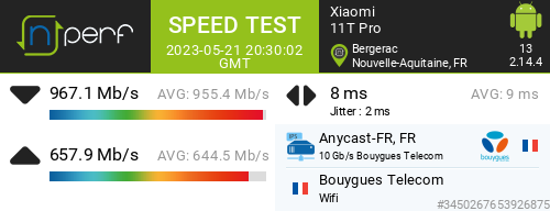 tomydorfr's tweet photo. ↓967127 kb/s ↑657906 kb/s, ⇄ 8 ms / wifi:Bouygues Telecom / #11TPro / #nPerf v2.14.4 / https://t.co/SJe6jvMDtO