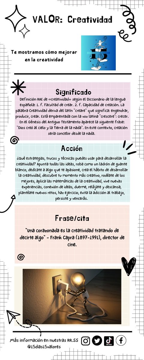 15dias15valores's tweet photo. *Día 9: Creatividad...*
"15 días, 15 valores". ¡Dale VALORES a la vida! #educacionvalores #valores #valoreshumanos #accionsocial https://t.co/FInliR0r2q