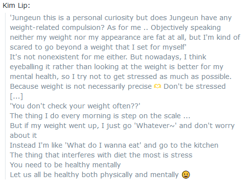 Chat highlights: Kim Lip on avoiding weight-related stress (230522)

Text links:
reddit.com/r/LOONA/commen…