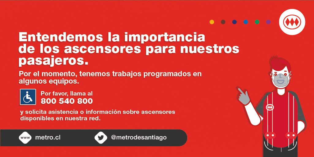 metrodesantiago's tweet photo. 📢¡Atención! Desde las fechas indicadas a continuación, se llevarán a cabo trabajos en ascensores de las estaciones:

Cerro Blanco - 22/05  
Irarrávaval - 23/05 
El Llano - 23/05 
Fco. Bilbao - 24/05 
El Llano - 24/05 

♿️  Para asistencia, llama al 800 540 800. #MetroApp https://t.co/v3YOINPEZo