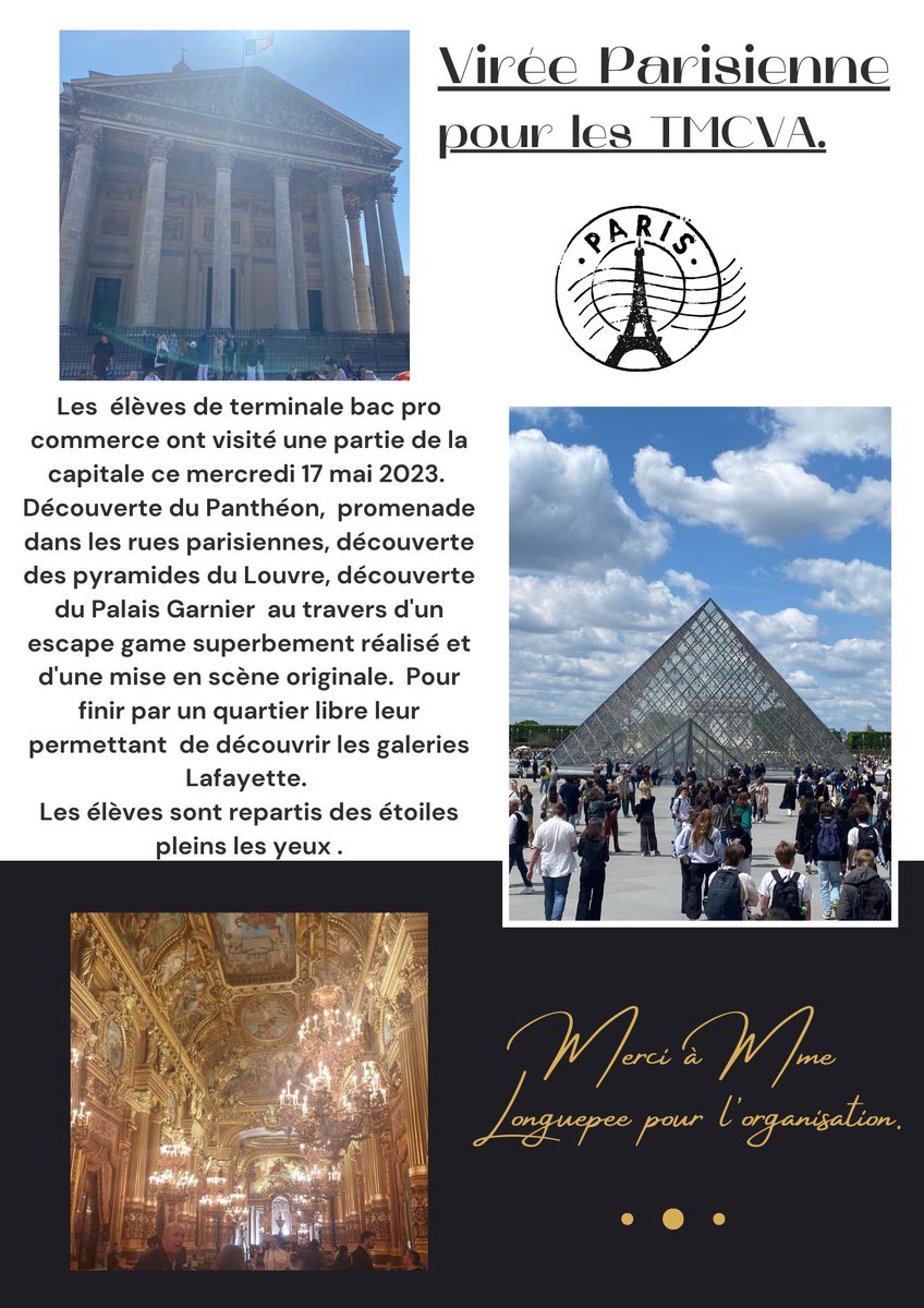 AmandP59's tweet photo. Sortie à #Paris pour les élèves de terminale bac pro commerce du lycée du Pays de condé (@DirectionLpdc).
Des étoiles pleins les yeux, des souvenirs pleins la tête.
#Pantheon 
#Louvre
#Palaisgarnier
@Galeries_Laf https://t.co/4csyOGEPuW