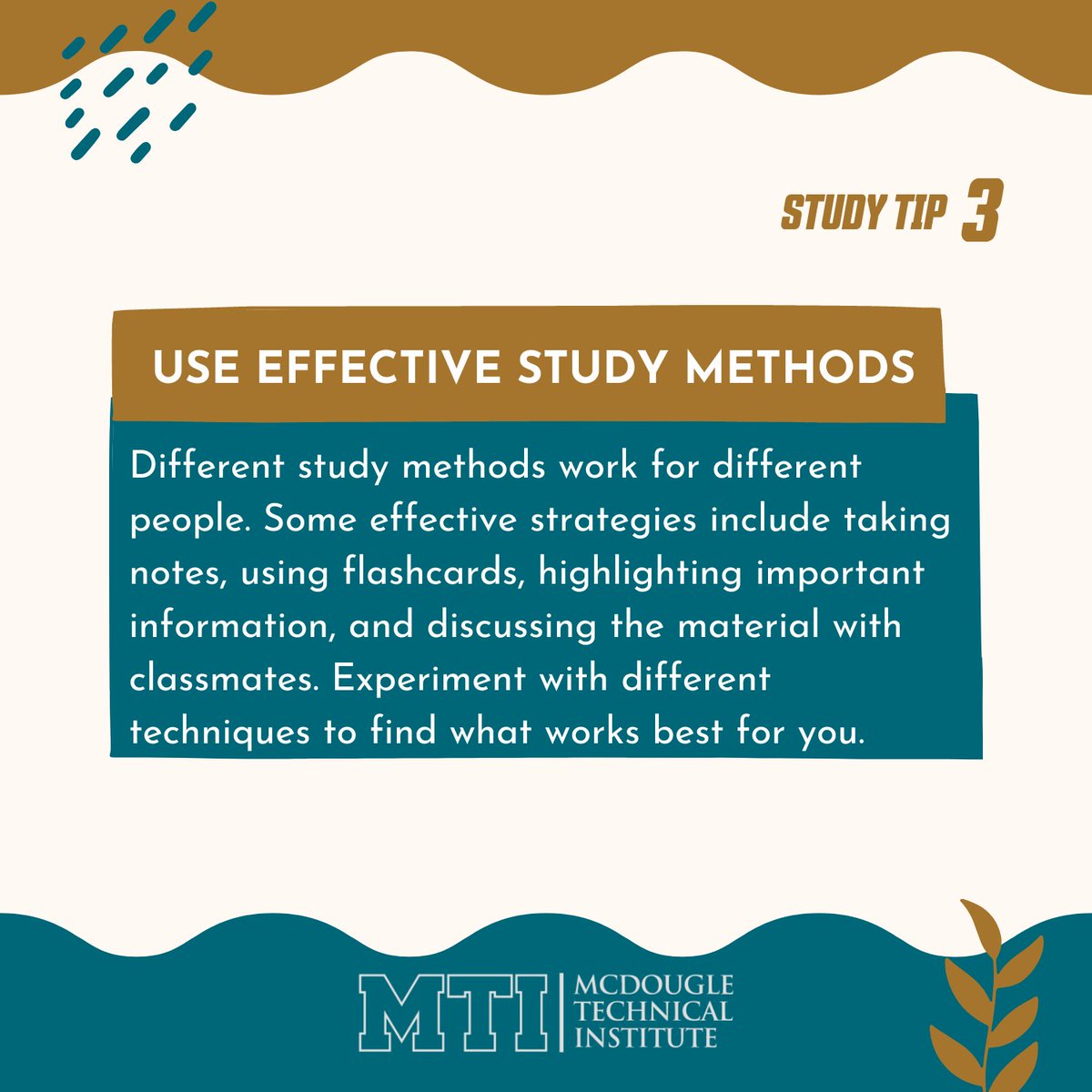 mcdougletech's tweet photo. At MTI we understand that effective study tips can help students learn new skills and techniques that can make them more efficient in their studies, save time and ultimately learn faster. Here are two more tips we thought would be helpful.

#StudyTips #MTI #CollegeLife https://t.co/Saf3iGJ2Bf