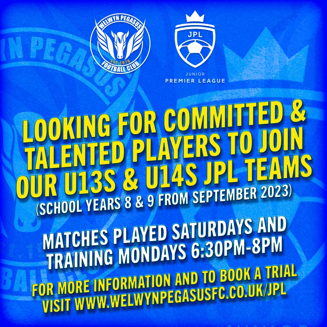 welwynpegasusfc's tweet photo. 👉PLAYERS WANTED FOR U13s &amp; U14s JPL TEAMS

School years 8 &amp; 9, from September 2023.

For more information and to book a trial, visit: https://t.co/mPHNW6Vc55

#WeArePegasusFC @jpluk #JPLUK #veocamera #Elitefootball #Boysfootball #Youthfootball #PremierLeague @welwynpegjpl https://t.co/oCVE4w645w