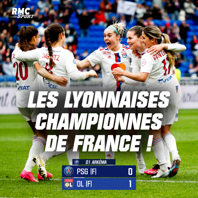 RMCsport's tweet photo. 👑🇫🇷 ET C'EST FINI ! LES LYONNAISES SONT CHAMPIONNES DE FRANCE ! Grâce à cette victoire contre les féminines du PSG au Parc des Princes (1-0, but de Bruun), les féminines de l'OL décrochent le SEIZIEME TITRE de championnes de France de leur histoire !