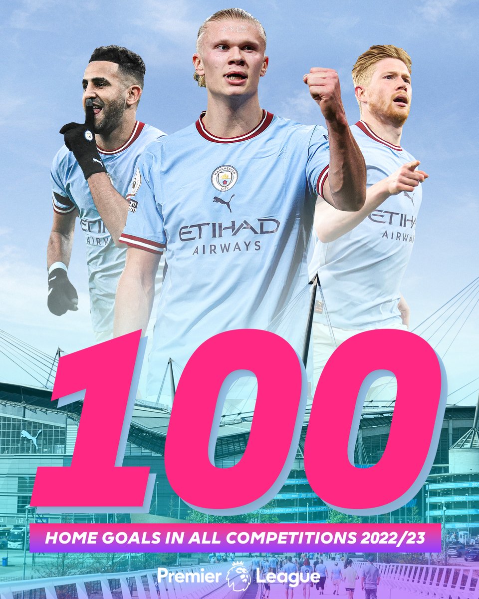 premierleague's tweet photo. ✅ 2022/23
✅ 2017/18

@ManCity are the only side in #PL history to score 💯 home goals in all competitions in a single season! https://t.co/Q2YeRRK1Xv