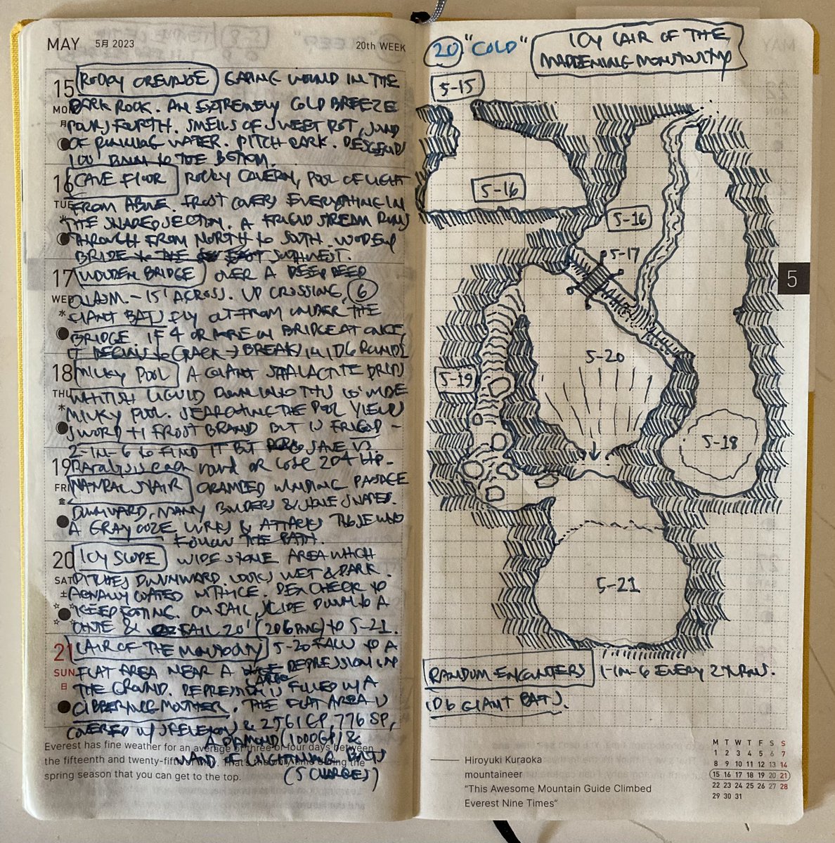 Week 23 of #dungeon23 - icy cold air blows from a crack in the dark rock. Rappelling down reveals a frigid subterranean stream. Distant voices echo throughout- are they human or something more sinister?