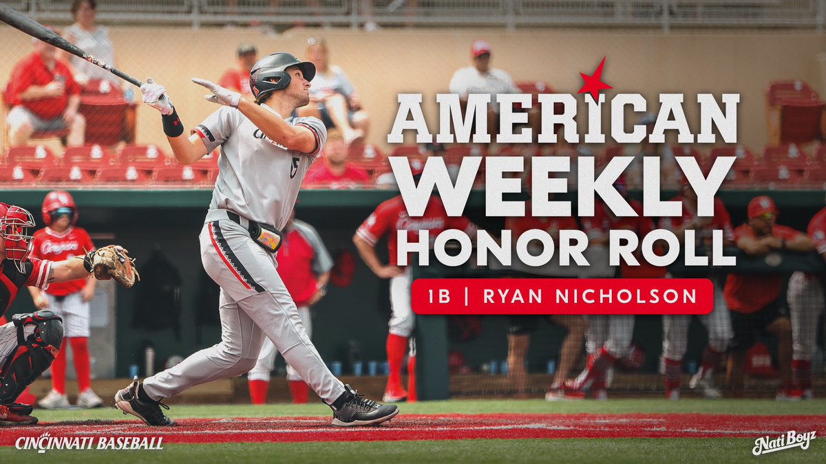 Cincinnati Baseball (@gobearcatsbase) on Twitter photo Yet another week on the <a href="/American_BSB/">American Baseball</a> Honor Roll for 1B Ryan Nicholson!
⭐️ 6-16 (.375 AVG), 3 R, 6 RBI, 3 HR, 4 BB, 2 SB
📰: cpaw.me/vtx Yet another week on the <a href="/American_BSB/">American Baseball</a> Honor Roll for 1B Ryan Nicholson!
⭐️ 6-16 (.375 AVG), 3 R, 6 RBI, 3 HR, 4 BB, 2 SB
📰: cpaw.me/vtx