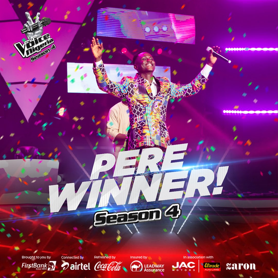 thevoice_NGR's tweet photo. Congratulations to Pere @theperejason for emerging as the winner of The Voice Nigeria season 4! 

#TheVoiceNigeria
#TheVoiceUnstoppable https://t.co/b5lveyyudj