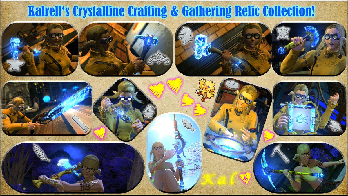 Kalrell's tweet photo. Hai.. so remember when I said I finished all the #FFXIV  Patch 6.35 crafter and gatherer Crystalline Relic tools? 🛠️
I might have just nerded out the whole afternoon and made a collage..🥺👉👈
I worked so hard on this!😤 
#FFXIVScreenshots #ffxivsnaps #FF14SS #EorzeaPhotos https://t.co/uuePO2ds5E