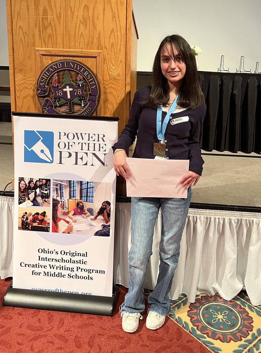 ELA8HJS's tweet photo. Congratulations to 8th grader, Talah Hantush, for placing 8th in the Power of the Pen state tournament! 1st place at districts, 3rd place at regionals…you represented Lakota and HJS in an amazing way this year. @HopewellPride @LakotaDistrict @PowerOfThe_Pen https://t.co/KWJcuSSZzA