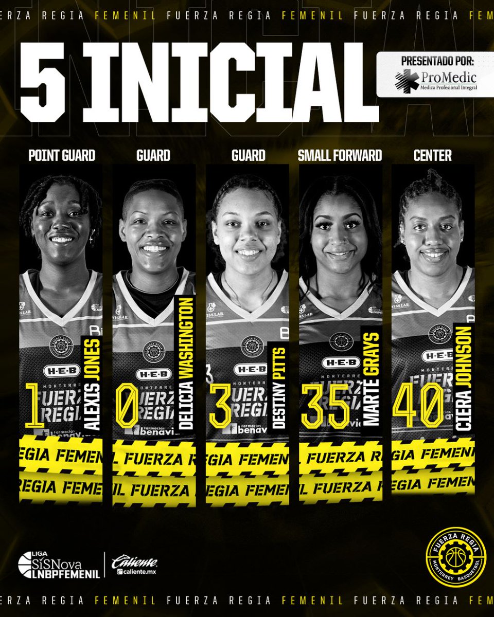 FuerzaRegiaFem's tweet photo. 🏀 Te presentamos nuestro ✋🏻 inicial para el segundo duelo de la serie 🆚 Plateras de Fresnillo.

Presentado por #ProMedic ⚕️

#TodosSomosFuerza 🟡⚫️ https://t.co/6sBgTVVTs6