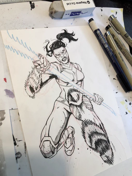 DC's Manhunter 6"x9" commission WIP Microns, Copics & gouache