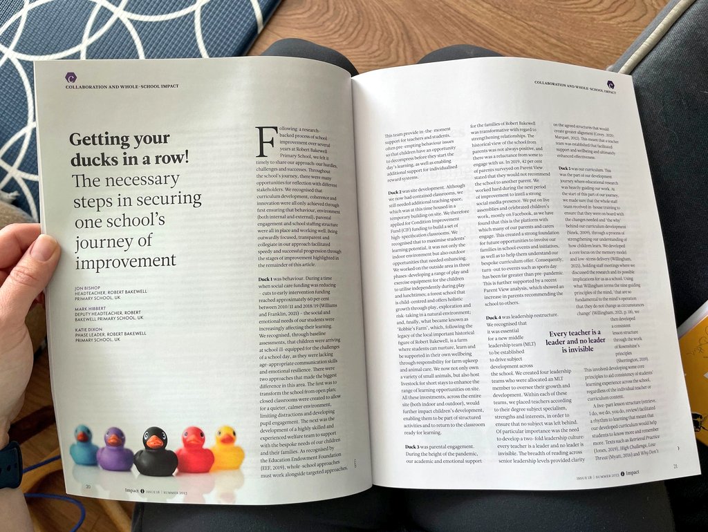 First journal article published this month in @CharteredColl IMPACT edition 8. Great reflecting back and thinking through leading @RBPrimarySchool through a Pandemic and RI journey #researchbacked #evidenceinformed #ducksinarow