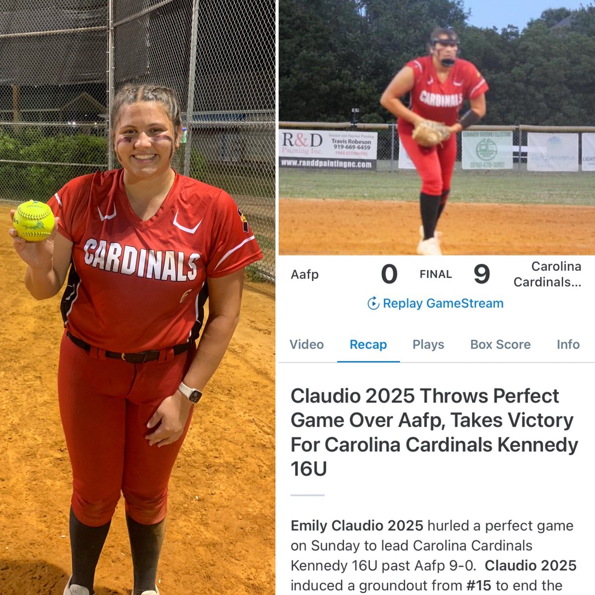 NtlKennedy's tweet photo. 🚨Who says you can’t be PERFECT, Congratulations Emily on your Perfect Game‼️ You were on 🔥yesterday.  @EmClaudio2025 https://t.co/d48HOkz8LZ