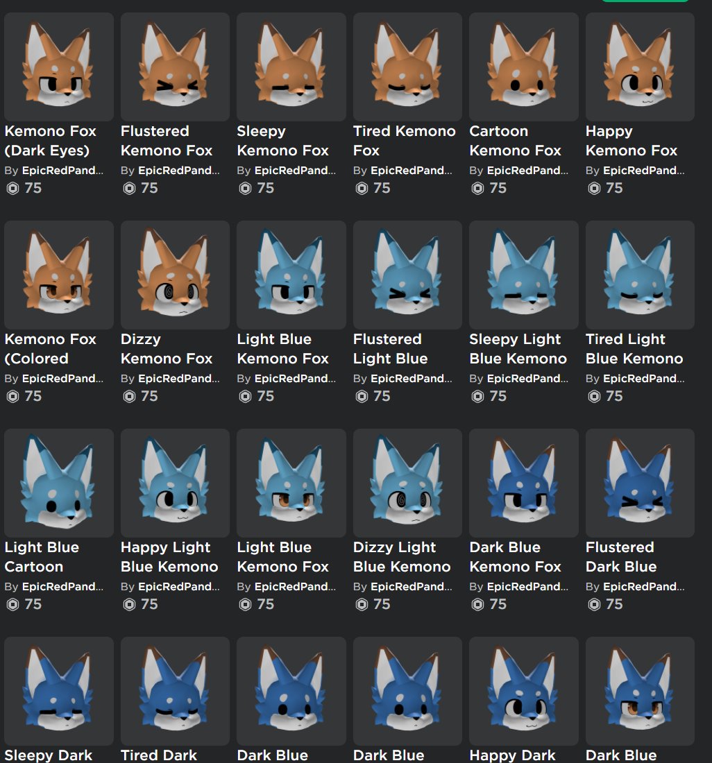 #ROBLOX  \ #RobloxDev  \ #robloxugc 

New Original fox head variants on sale in my new group!

roblox.com/groups/3207684…