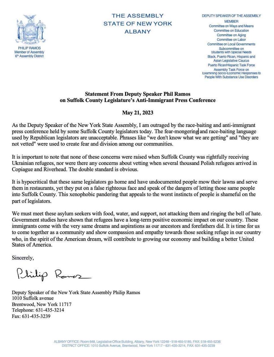 Statement from the desk of Deputy Speaker of the New York State Assembly, Phil Ramos