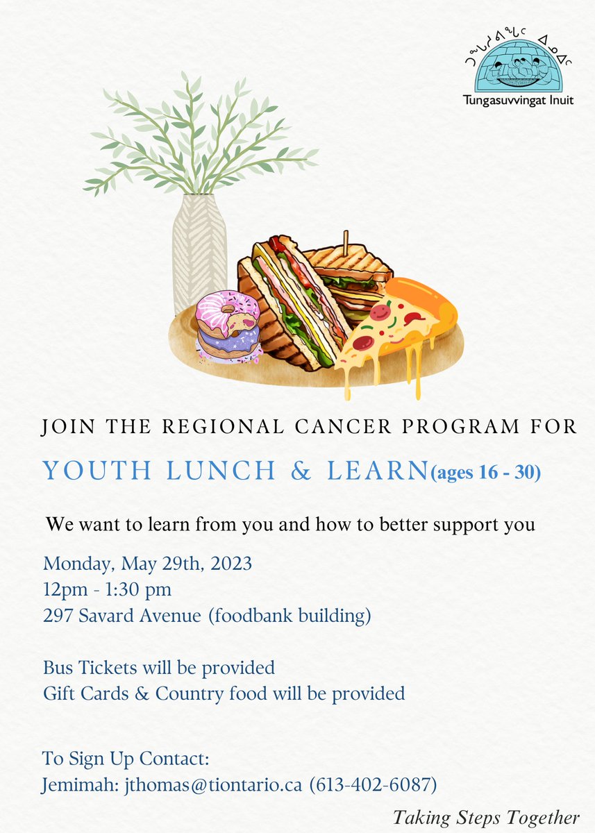 TIOntario's tweet image. Inuit youth you&apos;re invited to a Lunch and Learn. The Regional Cancer Program wants to better support Urban Inuit Youth on Cancer screening.

May 29th, 12-1:30pm, 297 Savard Ave.(modular building). Sign-up: jthomas@tiontario.ca or 613-402-6087.

@cancerstratCA #TakingStepsTogether