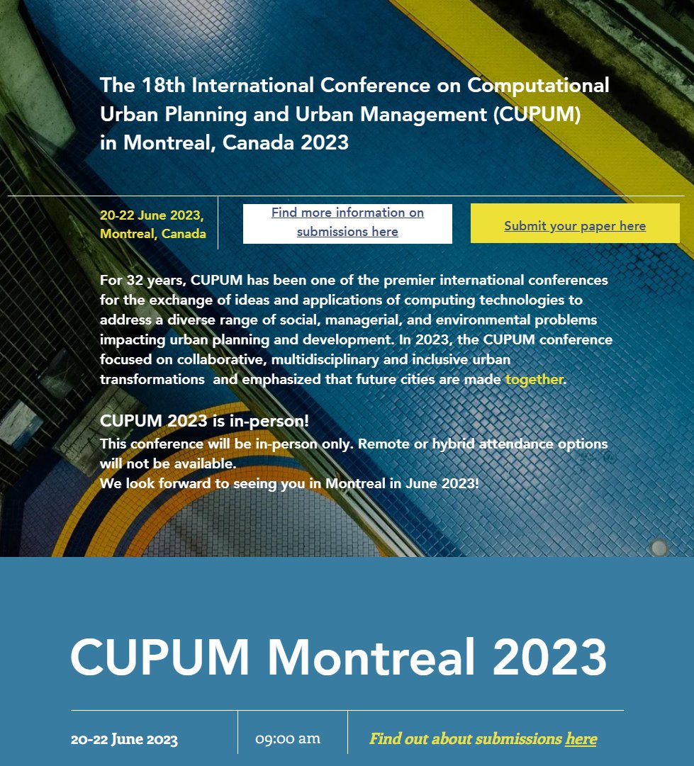 Conference Alert! Join us on 20-22 June for the 18th International Conference on Computational Urban Planning + Urban Management in Montreal. #CUPUM2023 is about collaborative, multidisciplinary + inclusive urban transformations. In-person registration: cupum2023.org/registration