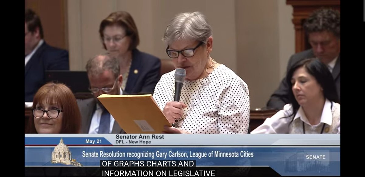 Sen. Ann Rest reads a Senate resolution congratulating my dear colleague and friend <a href="/garyncarlson/">Gary N. Carlson</a> on his distinguished lobbying career with <a href="/MinnesotaCities/">League of Minnesota Cities</a>. House version authored by <a href="/CLYouakim/">Cheryl Youakim</a>. senate.mn/resolutions/di… #lmcleg #mnleg