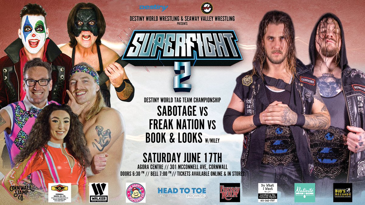 DestinyWrestle's tweet photo. #BIGNEWS - The Destiny Tag Team Championships will be defended in a Triple Threat Match at Destiny X @SVWwrestling #Superfight2 between reigning champions @SabotageTagTeam #FreakNation & #BooksAndLooks w/ #miley!
Who will come out on top on June 17th?
Tickets available online via https://t.co/HBvOvUW3eB as well as in store via
Budβs Recordβs and Cool Things
Nativity Bowling
Short Line Convenience Store
Fantasy Realm
& Do What I Want Store!
#DestinyWorldWrestling #DestinyWrestling #SeaywayValleyWrestling #SVW #DWW #DestinyTagTeamChampionship #Sabotage #FreakNation #BooksAndLooks