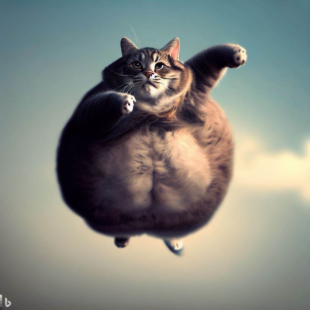 zemaciel's tweet photo. I prompted Bing Ai to create an image of an overweight cat flying. 
It came up with four good images. Will I ever use them? No, but they are pretty fun; here is one of them. https://t.co/iwTUVJIVlM