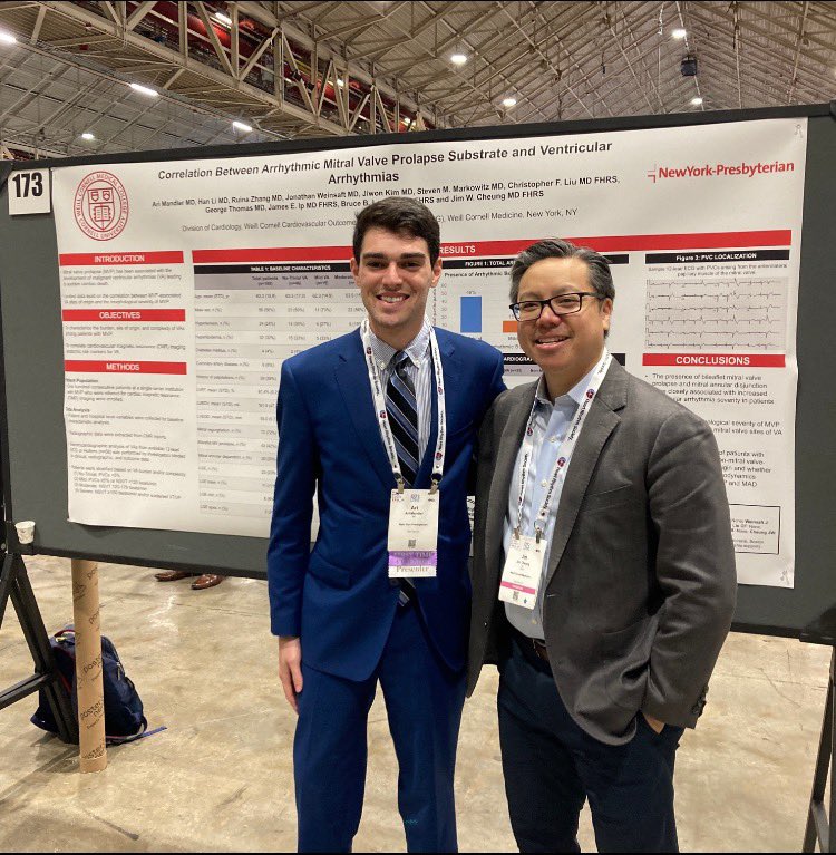 DrJCheungEP's tweet photo. Another #HRS2023 presentation by busy @WeillCornell medicine resident Ari Mandler. This one on PVCs/VT associated with arrhythmic MVP. Collaborative study with our #CMRfirst group.
Significant proportion of VAs in AMVP arise outside the mitral annular apparatus. @JiwonKimMD https://t.co/gUu6TbXA4T