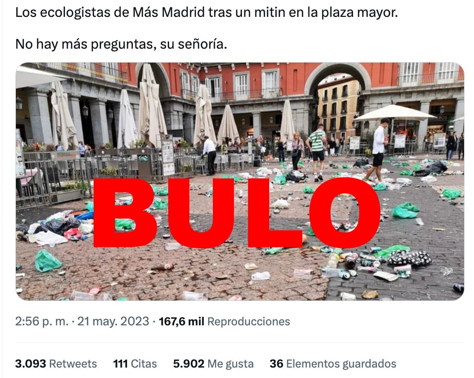 ❌ No es la plaza Mayor tras un mitin de Más Madrid. 

La foto es de 2022 y muestra el estado de la plaza después de una concentración de aficionados del Celtic
maldita.es/malditobulo/20…