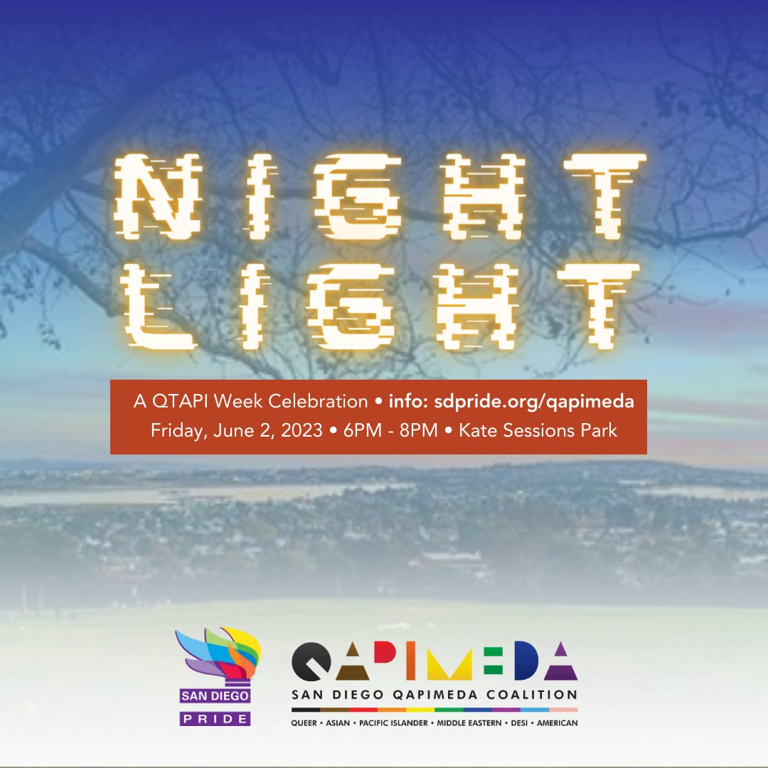 Experience the magic of a sunset gathering at Night Light in the stunning Kate Sessions Park. Grab your friends and loved ones, and let’s enjoy a night of connection, reflection, and QTAPI love under the stars 🌈🌌

RSVP >> sdpride.org/event/qtapi-we…