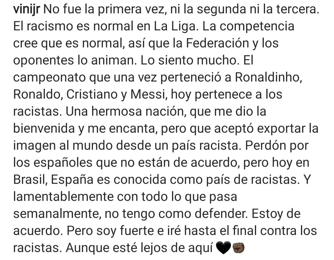 giraltpablo's tweet photo. "El campeonato que alguna vez fue de Ronaldinho, Ronaldo, Cristiano y Messi, hoy es de los racistas"

Durísimo descargo de Vinicius Jr. tras lo sucedido en Valencia. https://t.co/x8W3tJCWCX