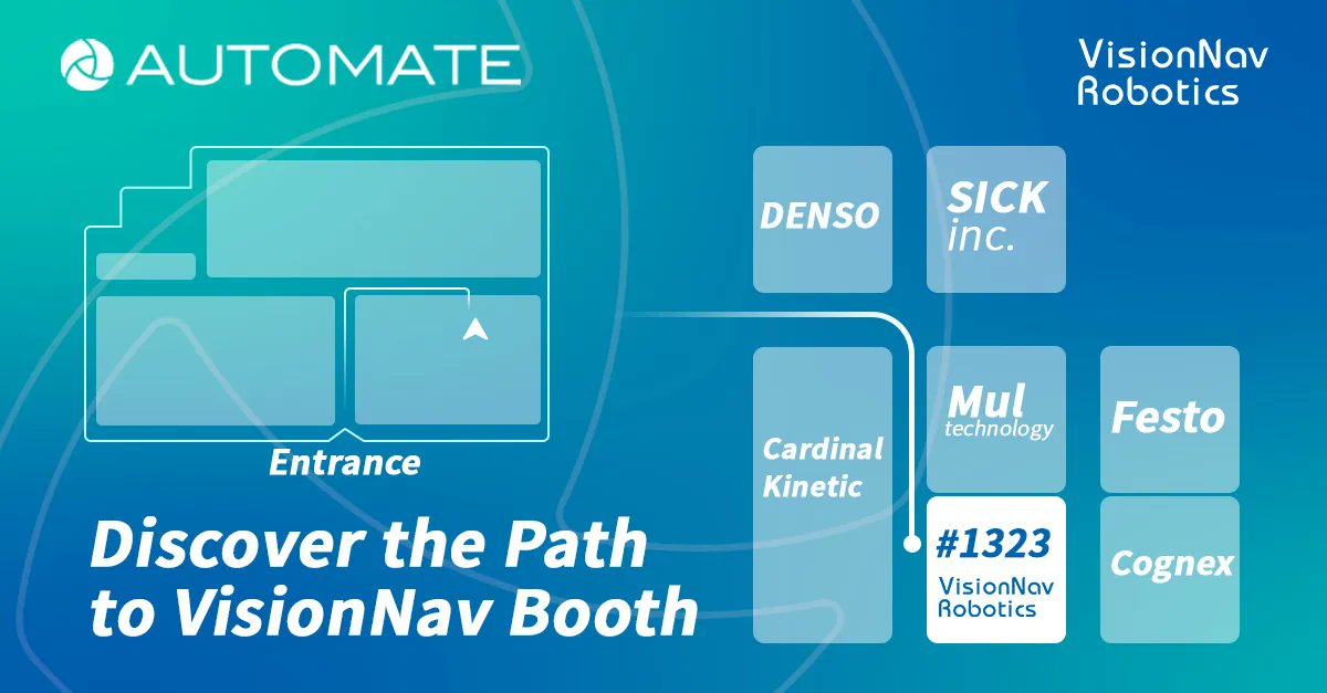VisionNavbot's tweet photo. 📢 Hey, my dear friends! Excited to find our booth and dive into the future of automation? Just follow the picture below to locate us in the booth#1323 at #Automate2023!

Once you reach booth #1323, get ready to experience innovation firsthand. 🚀✨

#Automate2023 #VisionNav https://t.co/d0TqOxoNBA