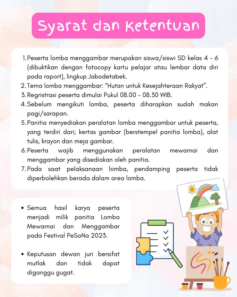 Sobat Hijau, yuk ajak anak atau adiknya yang kelas 4-6 SD se-Jabodetabek, ikutan lomba menggambar dalam rangka Festival Pesona tahun 2023.

Simak lebih lengkap di infografik ya Sob. Kuota terbatas untuk 50 pendaftar pertama 

#klhk
#FestivalPesona
#lombagambar