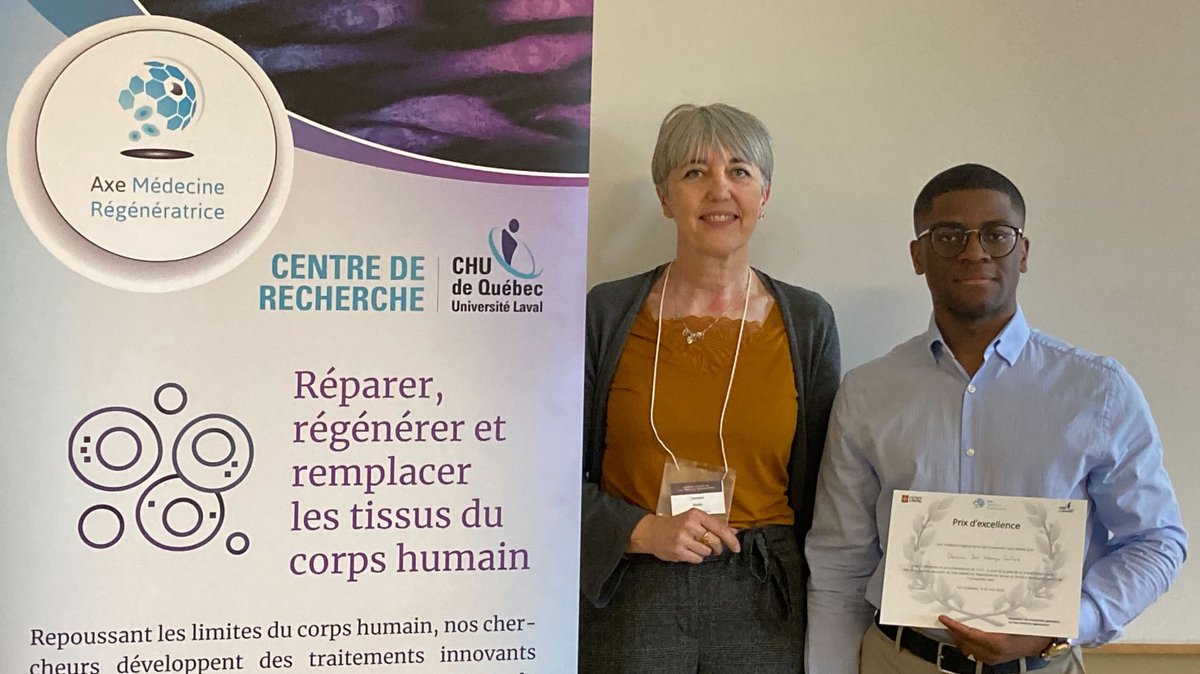 AxeMedReg's tweet photo. Félicitations à Davaine Joel Ndongo Sonfack et Samantha Sasseville qui ont obtenu respectivement le premier et second prix de vulgarisation oral (catégorie Maitrise) lors de la Journée Annuelle de l’Axe Médecine Régénératrice qui s’est déroulé à Québec le 2 mai 2023. https://t.co/aUu81Np2rV