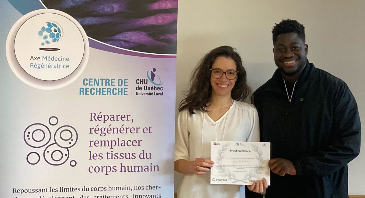 AxeMedReg's tweet photo. Félicitations à Sara Palladino, Eloïse LARNAC et Ange Tchatchouang qui ont obtenu respectivement le 1er, 2ème et 3ème prix de vulgarisation oral (catégorie Doctorat) lors de la Journée Annuelle de l’Axe Médecine Régénératrice qui s’est déroulé à Québec le 2 mai 2023. https://t.co/o2URpyyevh