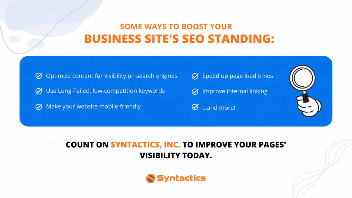 syntacticsinc's tweet image. Get ahead of your industry rivals by being on top of search engine rankings.
You can easily apply many methods to boost your website's SEO. But, you can also hire SEO Experts to improve rankings.
#seooptimization #seooptimized #seooptimizedcontent #websiteseo #websiteseotips