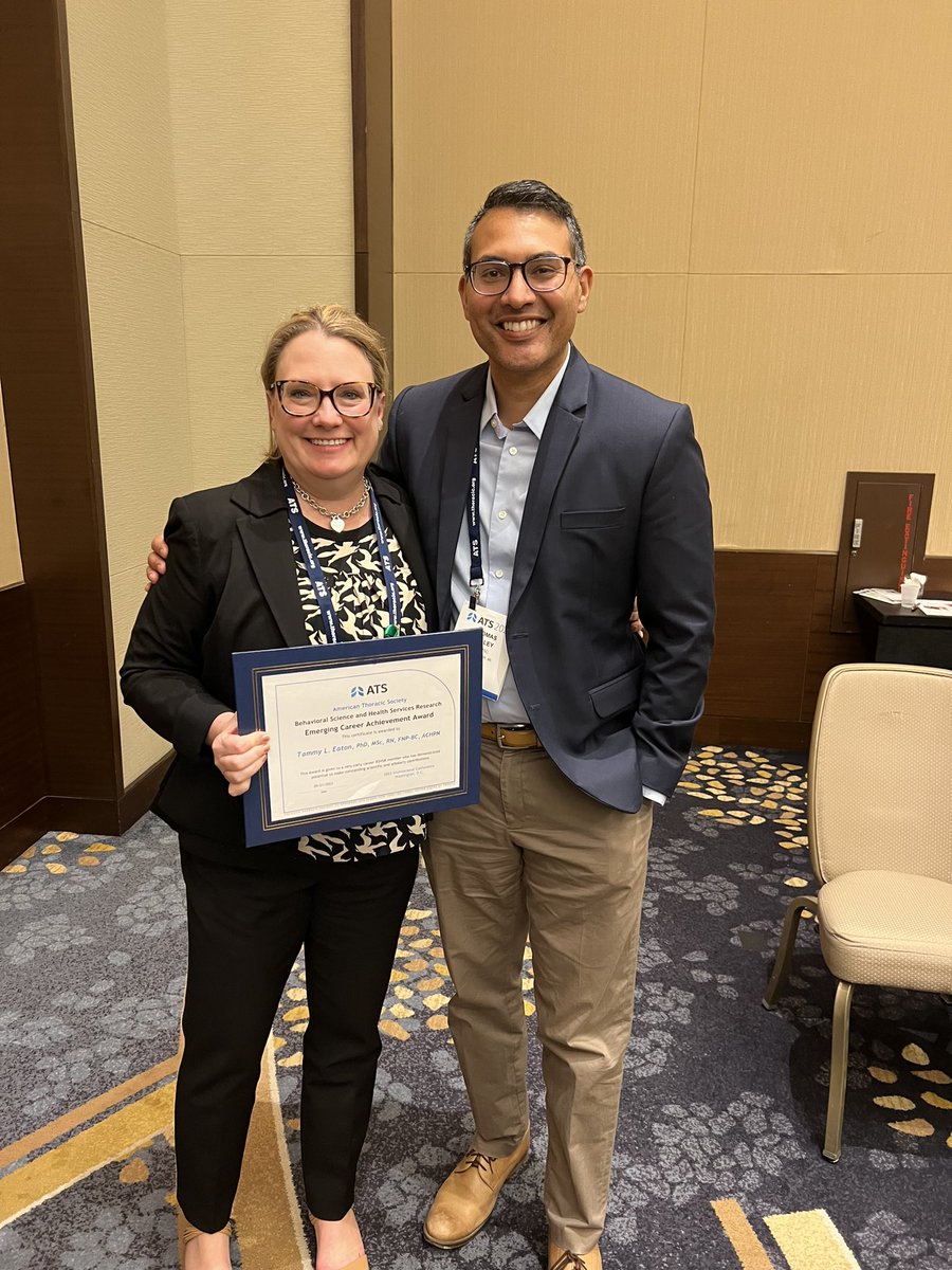 tammyeaton17's tweet photo. So humbled &amp; grateful for this award - thank you to my AMAZING mentor @tsvalley for nominating me &amp; thank you to @Jomcpeake22 @boehmleanne @DaneshVC @iwashyna @KP_ICURN @StephptaylorCLT @ICU_Recovery for your support! So lucky to work with you all! #ATS2023 https://t.co/lXsV5abpuC