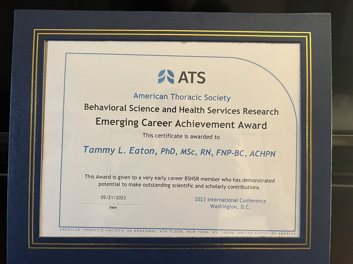 tammyeaton17's tweet photo. So humbled &amp; grateful for this award - thank you to my AMAZING mentor @tsvalley for nominating me &amp; thank you to @Jomcpeake22 @boehmleanne @DaneshVC @iwashyna @KP_ICURN @StephptaylorCLT @ICU_Recovery for your support! So lucky to work with you all! #ATS2023 https://t.co/lXsV5abpuC