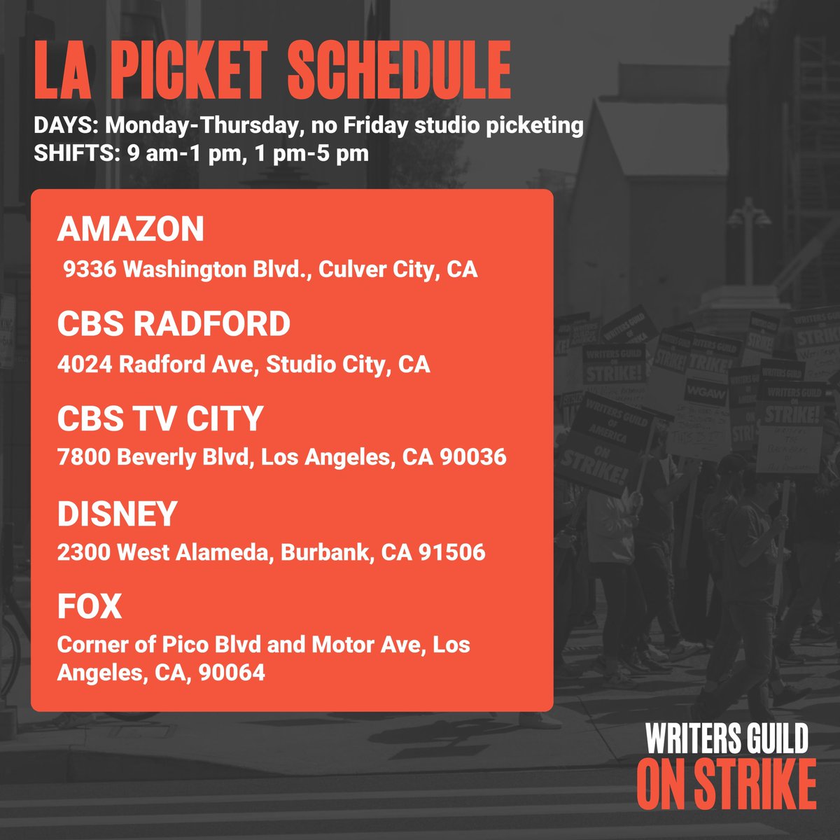 WGAWest's tweet photo. This week’s picket schedule (including Special Pickets). 

Please note there will be no Friday studio picketing, instead we invite you to attend the Unions Strike Back Rally 🪧 https://t.co/9SgsO6zcHJ