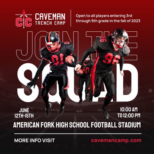 Registration is now open for Trench Camp 2023. All positions will be included this year and position registrations will be capped to maximize coaching for each player. Sign up now at cavemancamp.com!