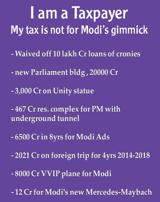 Krish_Falcon's tweet photo. Everyone is a Tax payer.
My Tax is for my fellow citizens and not only for Gujarati corporates...
Particularly,
Modi's friend Adani only.
#ChainTweet https://t.co/CBiAyIuRjN