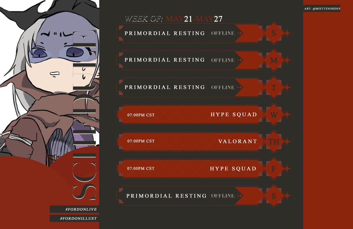 FordonCreo's tweet photo. 【Weekly Schedule & Tags】
May 21-27⚒️💥
There's a funny new Battle Royale and I wanna take a look. Of course, we can't forget our Valo reps
Live: #fordonlive
Art: #fordonillust
📅: /Orihimevt (F2U)
#Vtuber #新人Vtuberを発掘せよ #VtuberUprising #ENVtuber https://t.co/v5oziriIHy